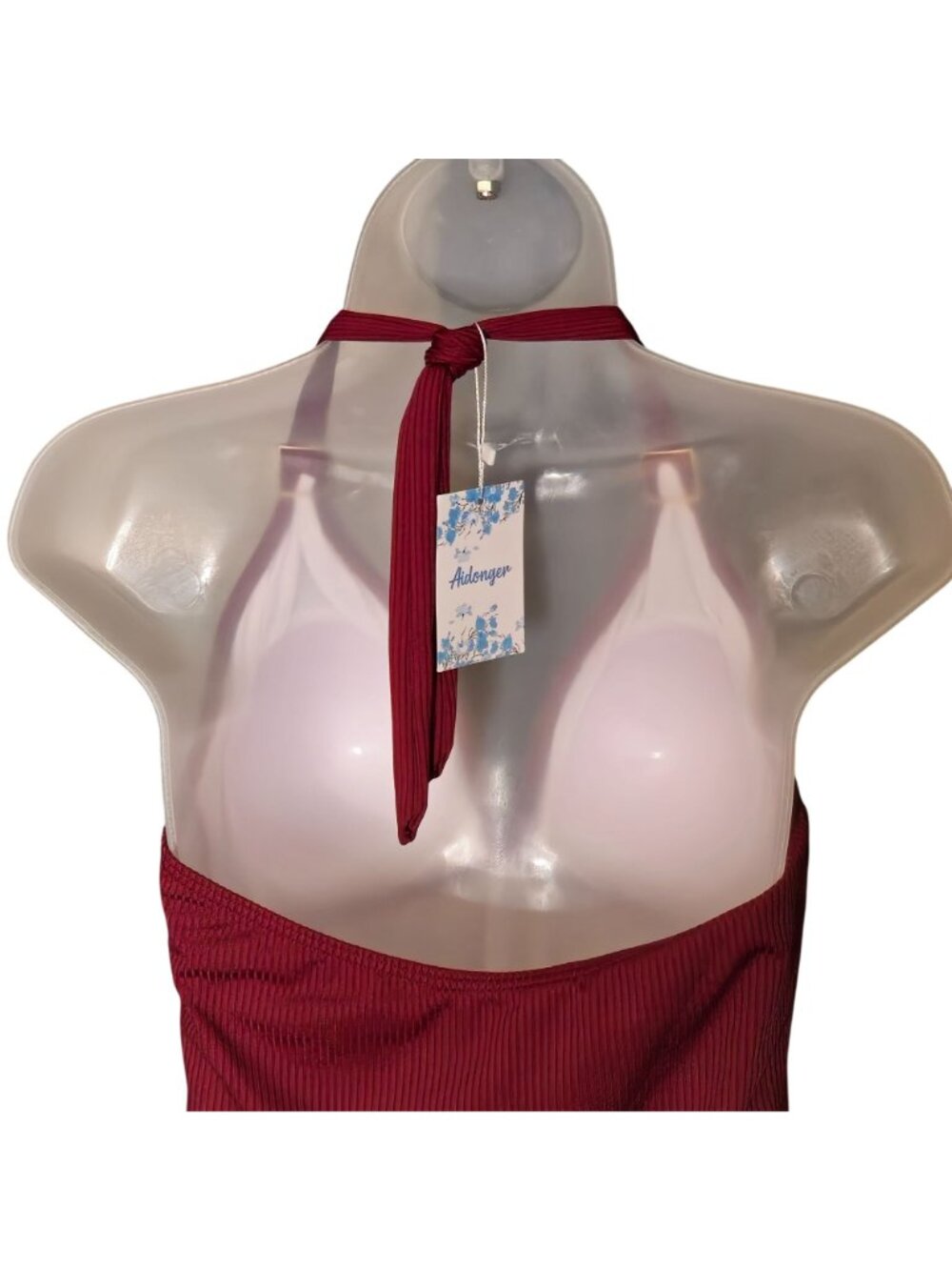 Burgundy One Piece Swimsuit XL Halter Gold Accents Ruched Tummy Control Lined - Picture 4 of 9